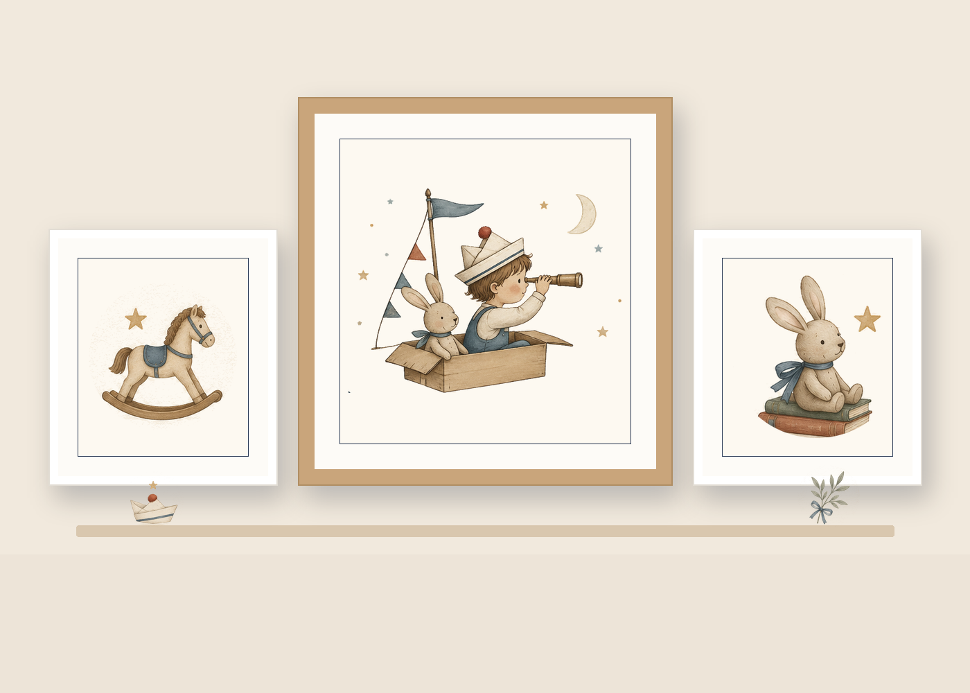 Set of three framed illustrations on a children's room wall