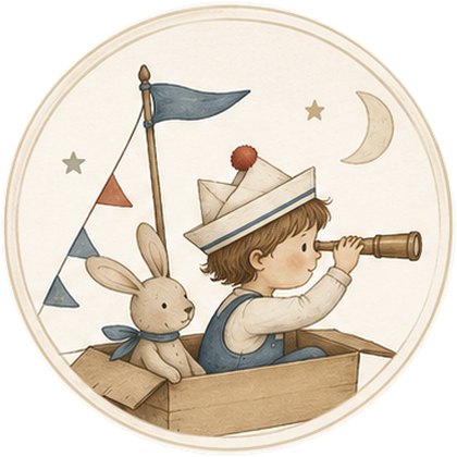 A child sailing in a cardboard box