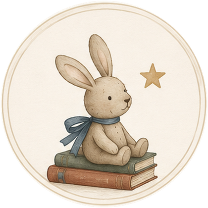 A plush rabbit sitting on storybooks