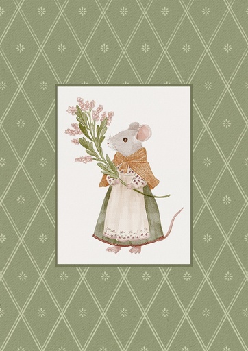 Ratoncita con flores sobre verde