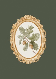Rama de roble, óvalo dorado sobre verde