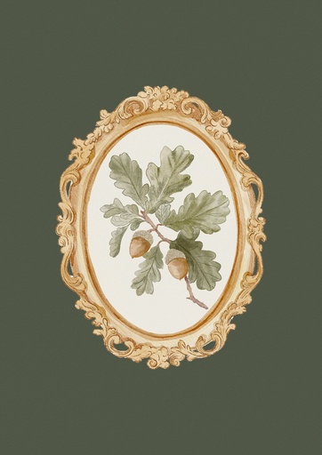 Rama de roble, óvalo dorado sobre verde
