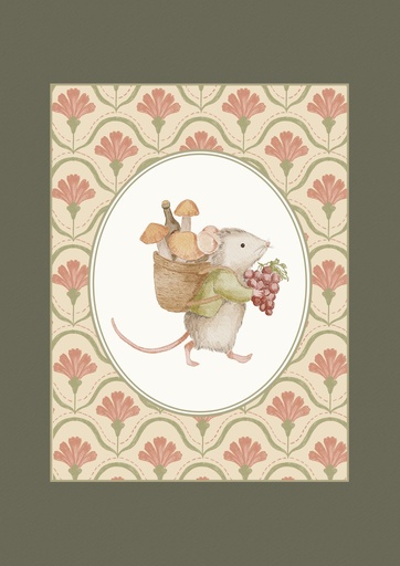 Ratoncito con canasta sobre claveles