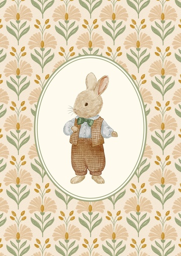 Conejo de traje sobre flores durazno