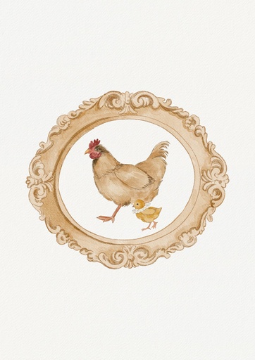 Gallina con pollito, óvalo dorado