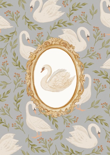 Cisne, óvalo dorado sobre cisnes grises