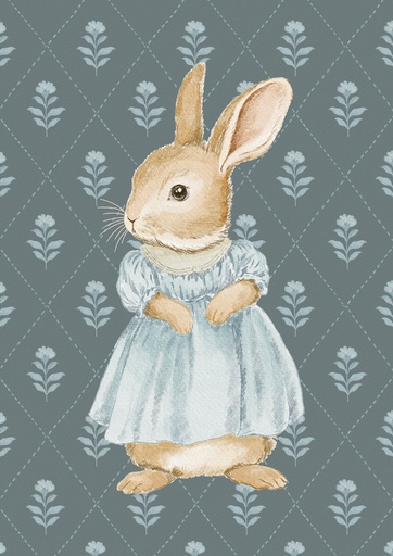 Conejita de vestido azul sobre pizarra