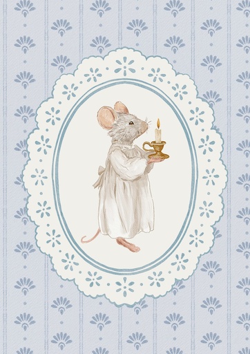Ratoncito con vela, encaje sobre azul