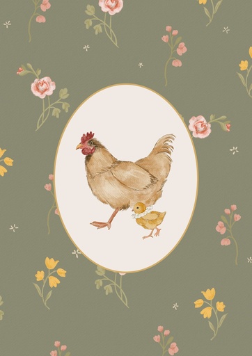 Gallina con pollito sobre flores verdes