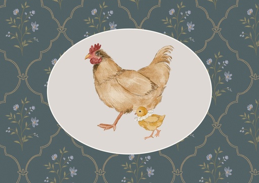 Gallina con pollito sobre flores azul marino